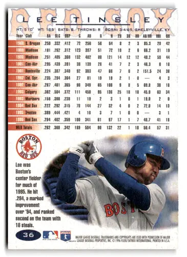 Original gloss Lee Tinsley baseball card featuring Red Sox from 1996 Fleer #36