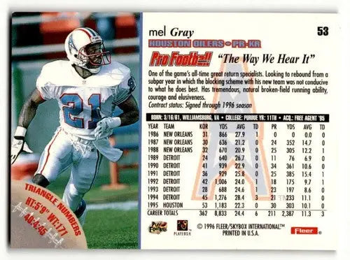 Original gloss Mel Gray Houston football card from 1996 Fleer featuring Gray Houston Oilers