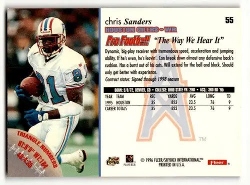 Original gloss Chris Sanders Houston football card from the 1996 Fleer set featuring Sanders Houston Oilers