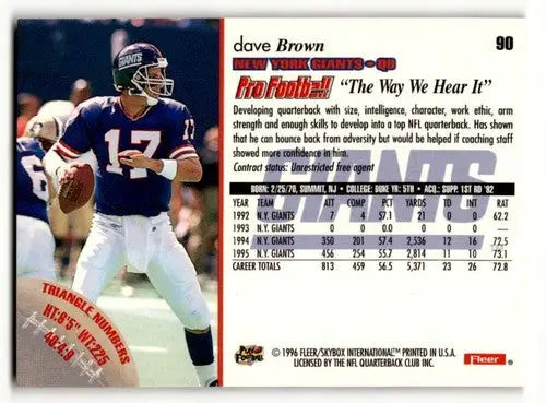 Original gloss Dave Brown Giants football cards 1996 Fleer #90 football card