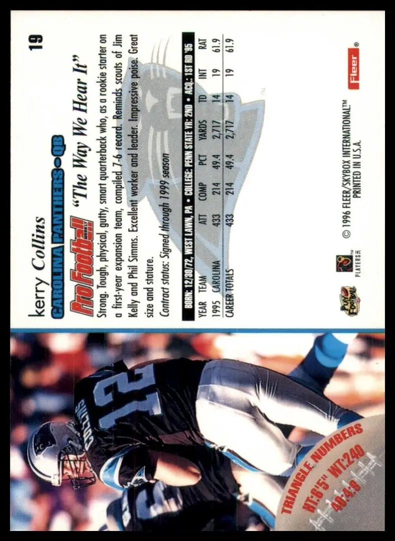 1996 Fleer Kerry Collins #19 Carolina Panthers Football Card NFL Sports - Football Card Single