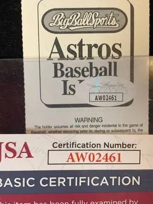 Autographed Houston Astros baseball certification for Shane Reynolds and Atlanta Braves ticket