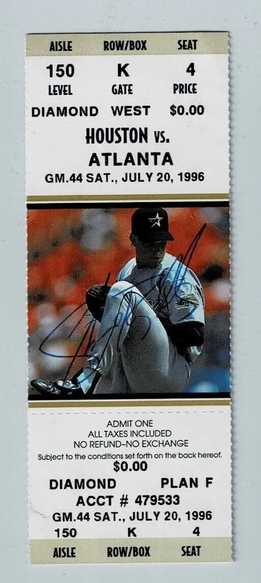 Autographed Houston Astros ticket signed by Shane Reynolds for Braves game