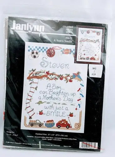 Janlynn cross stitch kit displayed with shelf pulls and store shelf pulls tags