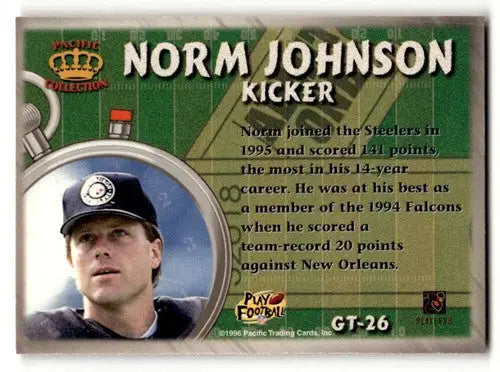 Football trading card featuring Norm Johnson Pittsburgh Steelers player from 1996 Pacific series