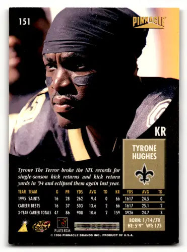 Original gloss Tyrone Hughes football card from 1996 Pinnacle featuring Saints ID 56506