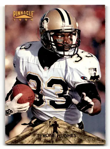 Original gloss Tyrone Hughes football card from 1996 Pinnacle featuring Saints ID 56506