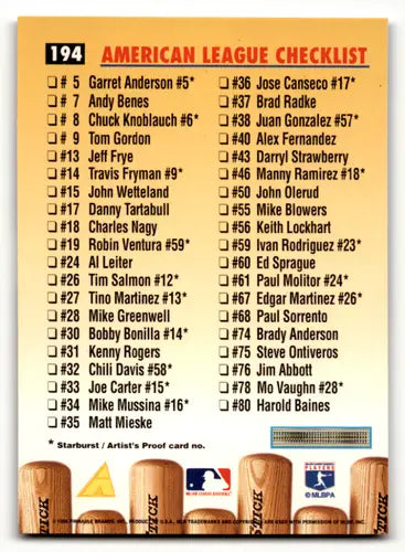Baseball card checklist featuring Frank Thomas 1996 Pinnacle #194 with original gloss
