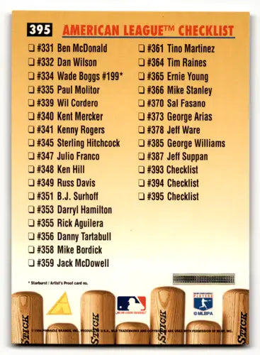 Baseball card checklist featuring 1996 Pinnacle Frank Thomas NM-MT with original gloss