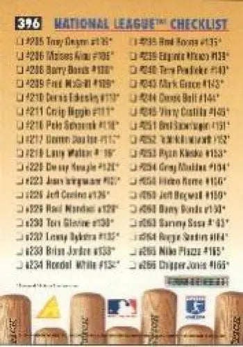 Baseball card checklist featuring 1996 Pinnacle Chipper Jones NM-MT Braves with original gloss