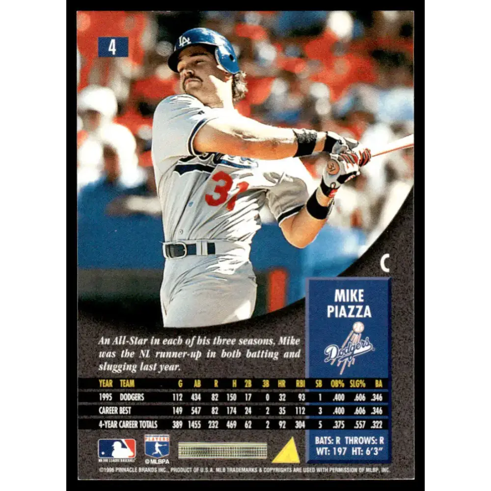 1996 Pinnacle #4 Mike Piazza EX/NM Los Angeles Dodgers Baseball Card - Baseball Card Single