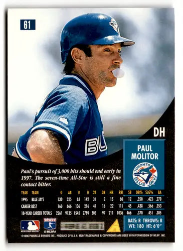 1996 Pinnacle Paul Molitor Toronto Blue Jays baseball card featuring Toronto Blue team