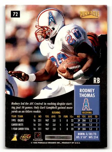 Original gloss Rodney Thomas football card from 1996 Pinnacle, Near Mint condition