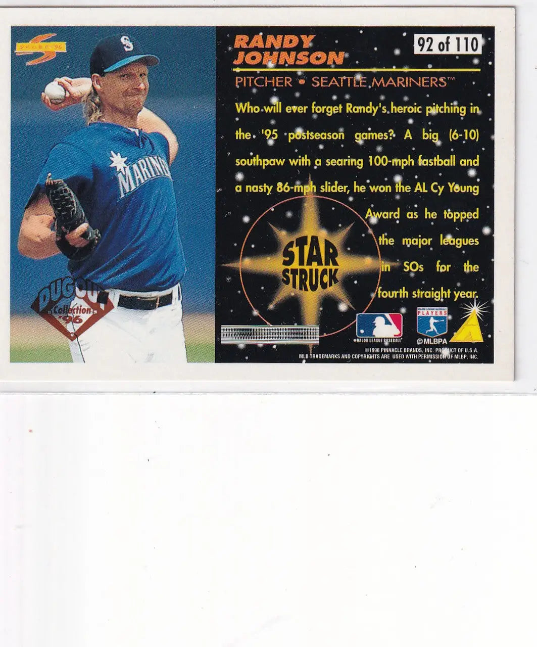 1996 PINNACLE #92 RANDY JOHNSON BRONZE STAR STRUCK- SEATTLE MARINERS