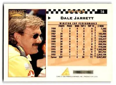 1996 Pinnacle Racer’s Choice #16 Dale Jarrett trading card for collectors of racing cards