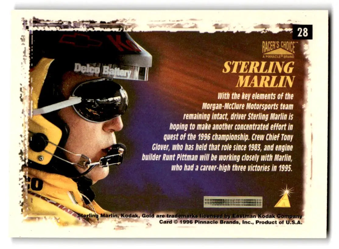 1996 Pinnacle Racer’s Choice #28 Sterling Marlin’s Car - Racing Card Single