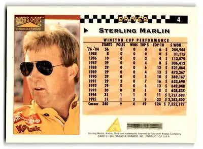1996 Pinnacle Racer’s Choice #4 Sterling Marlin trading card for collectors