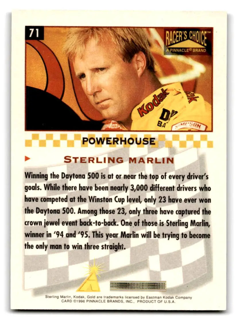 1996 Pinnacle Racer’s Choice #71 Sterling Marlin - Racing Card Single