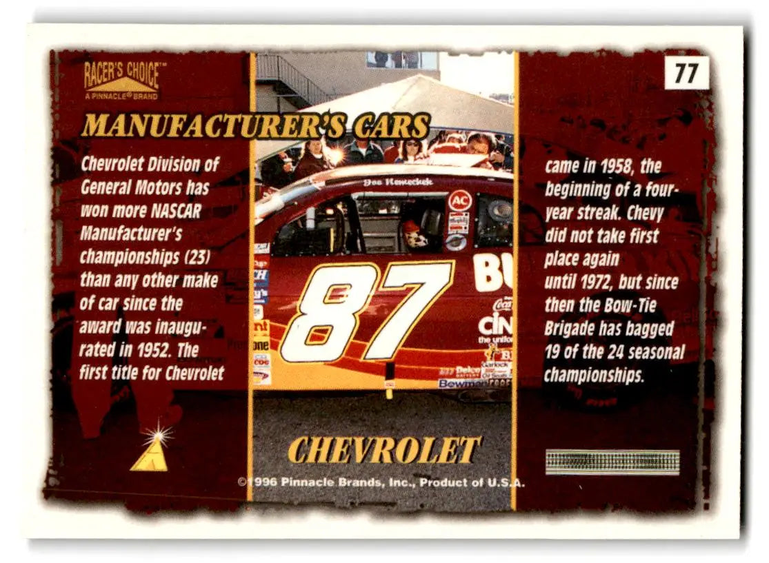 1996 Pinnacle Racer’s Choice #77 Chevrolet - Racing Card Single