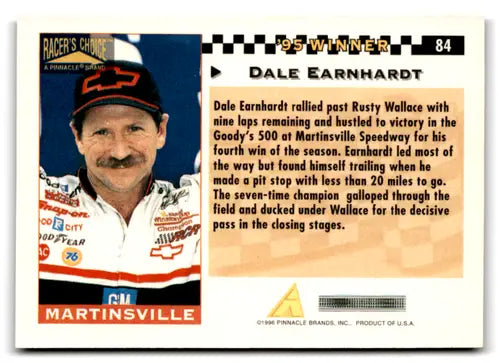 1996 Pinnacle Racer’s Choice #84 Dale Earnhardt NM Near Mint ID:81299 - Racing Card Single