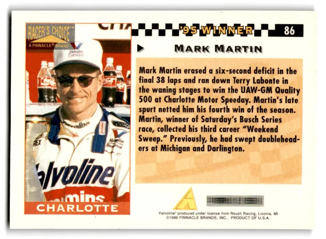 1996 Pinnacle Racer’s Choice #86 Mark Martin - Racing Card Single