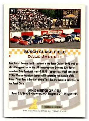 Dale Jarrett trading card from 1996 Pinnacle Racer’s Choice #91 collectible set