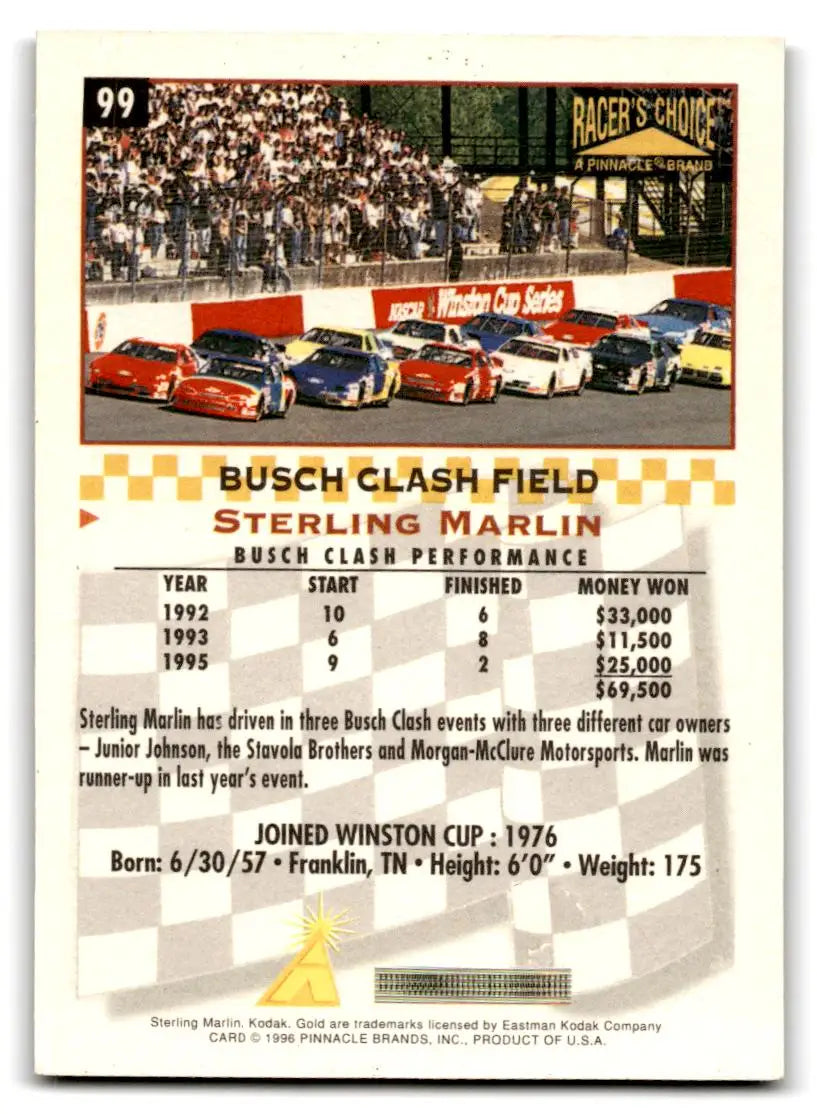 1996 Pinnacle Racer’s Choice #99 Sterling Marlin - Racing Card Single