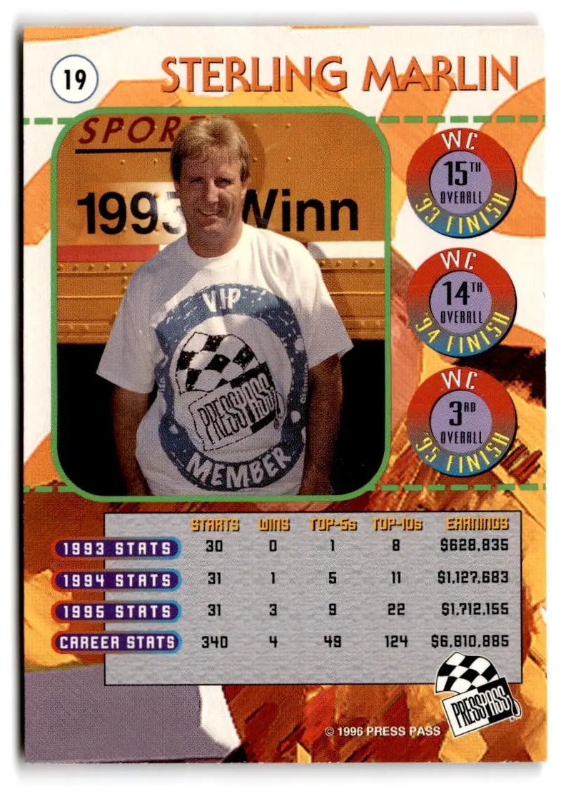 1996 Press Pass #19 Sterling Marlin - Racing Card Single