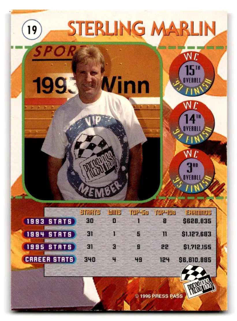 1996 Press Pass #19 Sterling Marlin - Racing Card Single