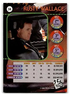 Rusty Wallace 1996 Press Pass #34 trading card featuring iconic racing image