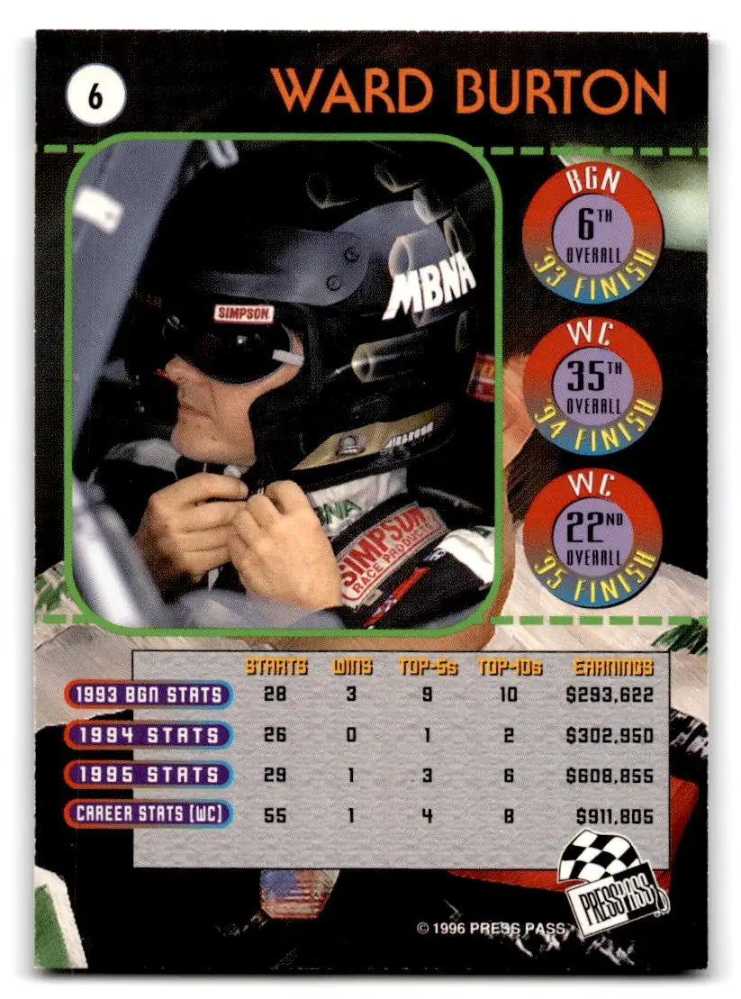 1996 Press Pass #6 Ward Burton - Racing Card Single