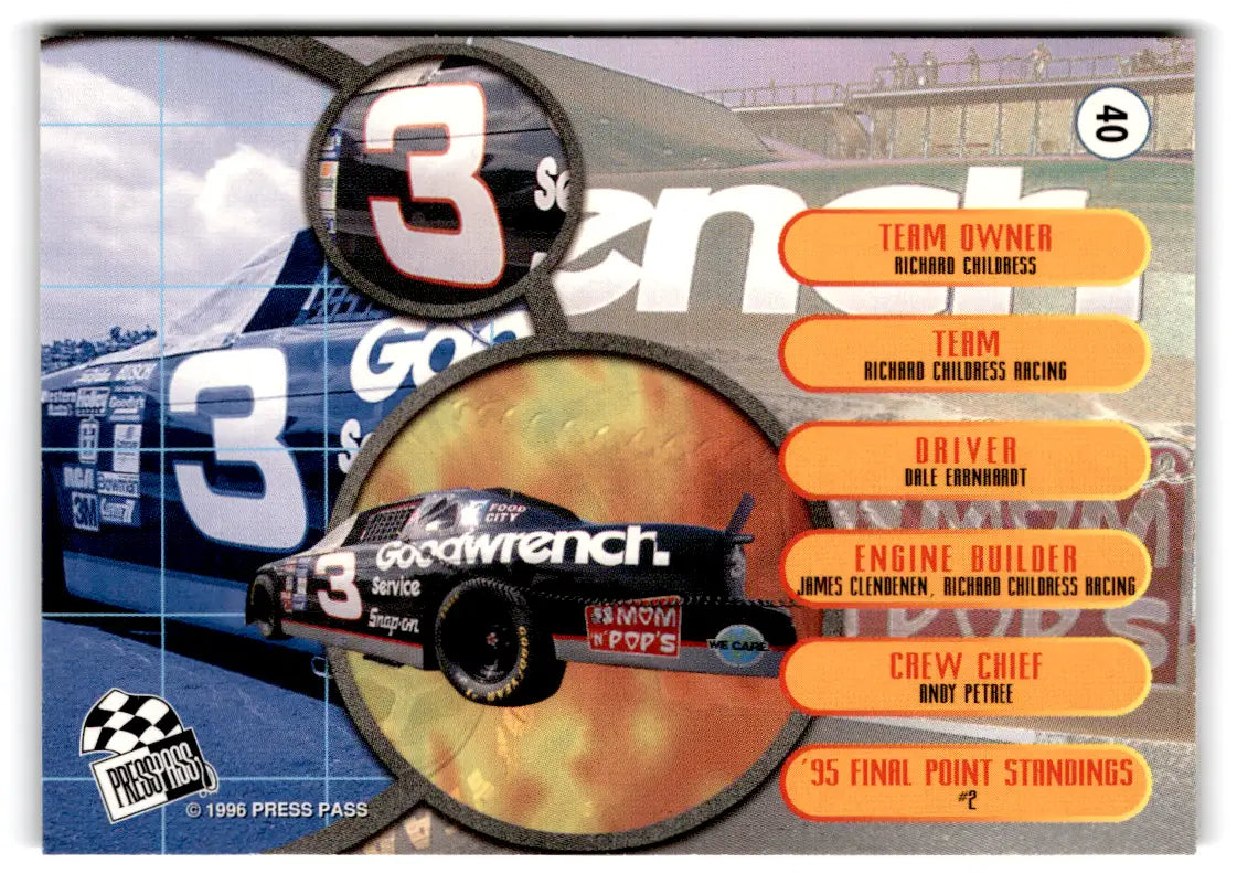 1996 Press Pass Dale Earnhardt #40 - Racing Card Single