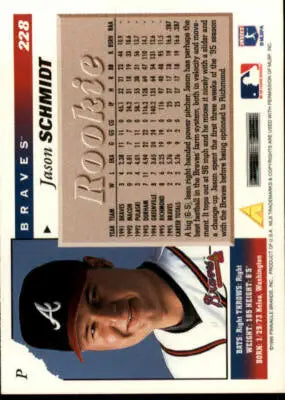 Original gloss 1996 Score Jason Schmidt rookie baseball card featuring Braves wear