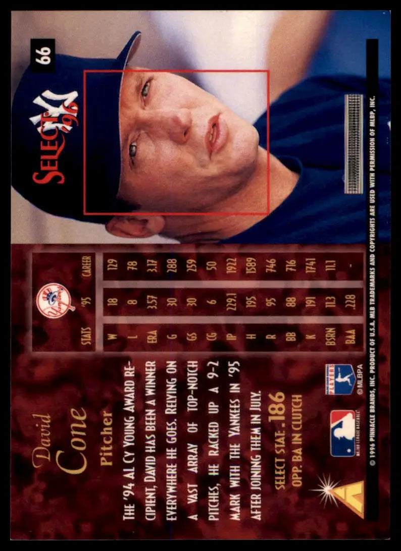 1996 Select David Cone 66 New York Yankees NM - Baseball Card Single