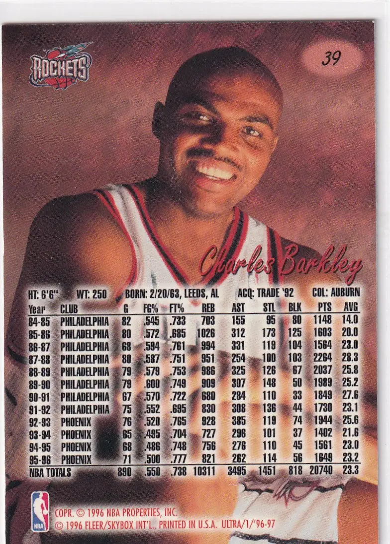 1996 SKYBOX #39 CHARLES BARKLEY- HOUSTON ROCKETS - Basketball Card Single
