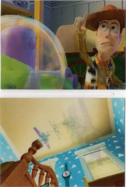 Two stills from Toy Story featuring a cowboy toy character on trading cards