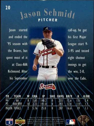 Original gloss Baseball card back from 1996 SP Jason Schmidt Braves sports cards