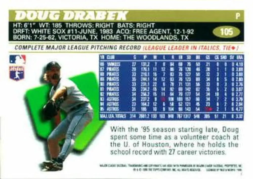 1996 Topps #105 Doug Drabek NM-MT Houston Astros Baseball Card - Baseball Card Single