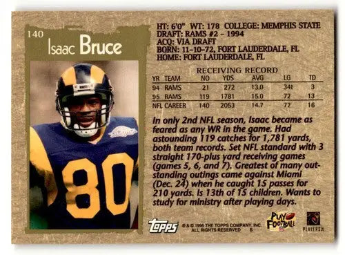 Original gloss Isaac Bruce Rams football card from 1996 Topps #140 NM Near Mint