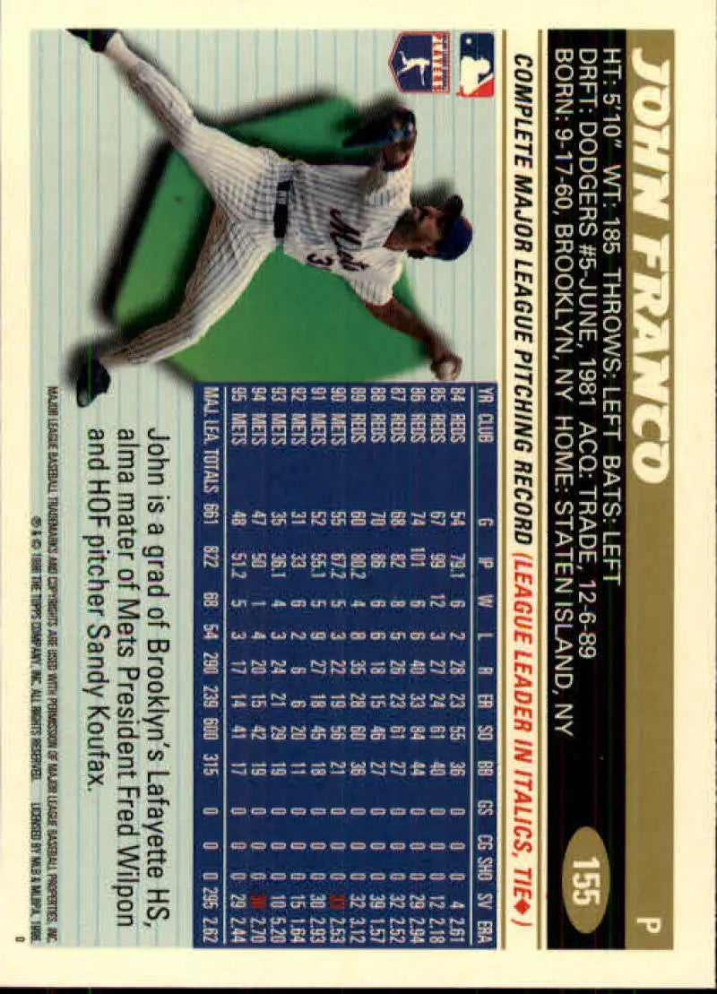 1996 Topps #155 John Franco NM-MT New York Mets Baseball Card - Baseball Card Single