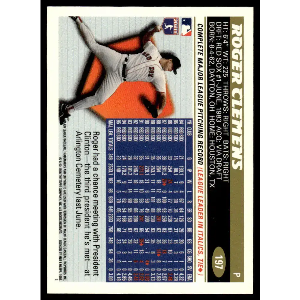 1996 Topps #197 Roger Clemens EX/NM Boston Red Sox Baseball Card - Baseball Card Single