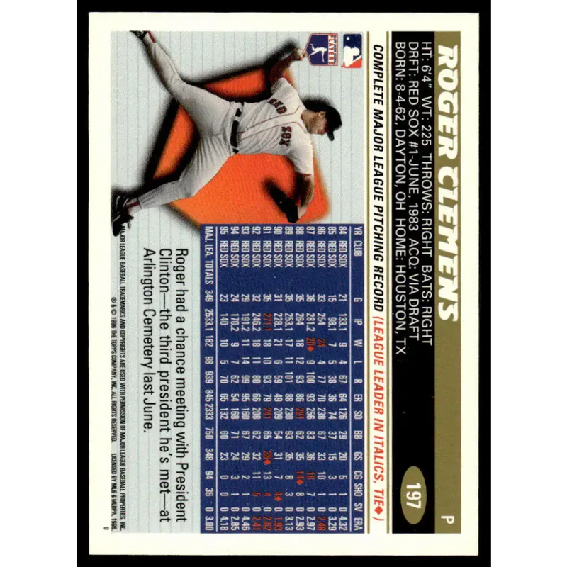1996 Topps #197 Roger Clemens EX/NM Boston Red Sox Baseball Card - Baseball Card Single