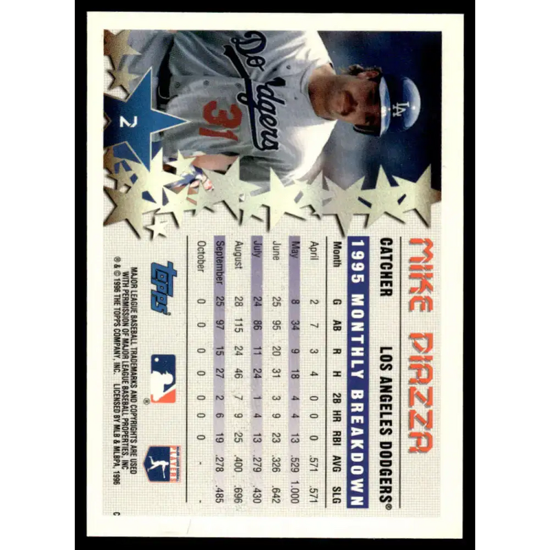 1996 Topps #2 Mike Piazza EX/NM Los Angeles Dodgers Baseball Card - Baseball Card Single