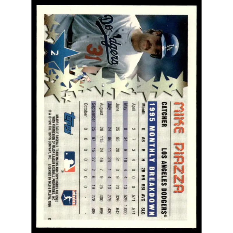 1996 Topps #2 Mike Piazza EX/NM Los Angeles Dodgers Baseball Card - Baseball Card Single