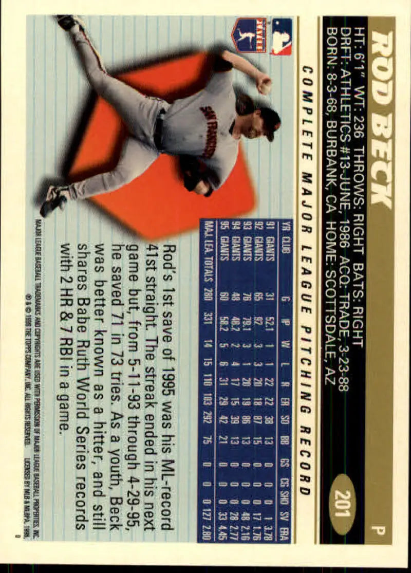 1996 Topps #201 Rod Beck NM-MT San Francisco Giants Baseball Card - Baseball Card Single