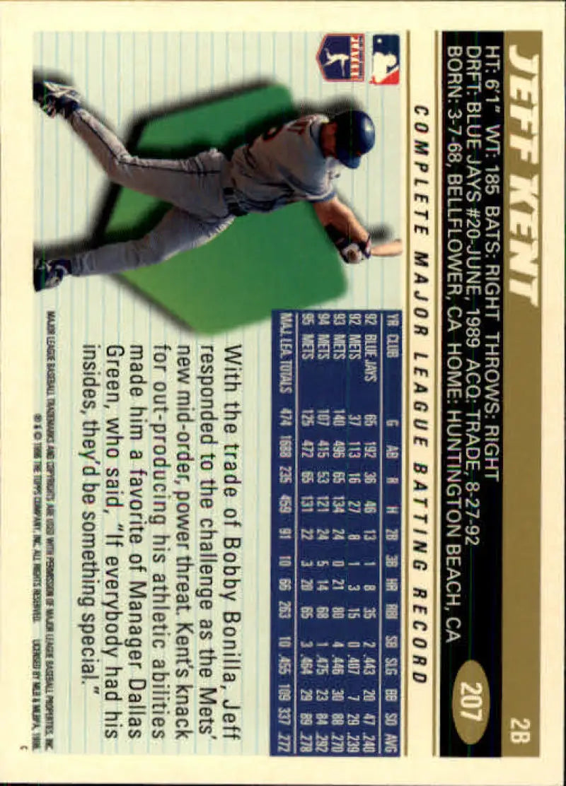 1996 Topps #207 Jeff Kent NM-MT New York Mets Baseball Card - Baseball Card Single