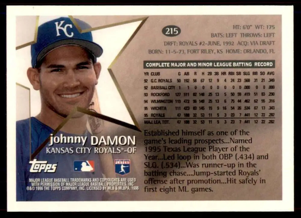 1996 Topps #215 Johnny Damon NM-MT Kansas City Royals Baseball Card - Baseball Card Single