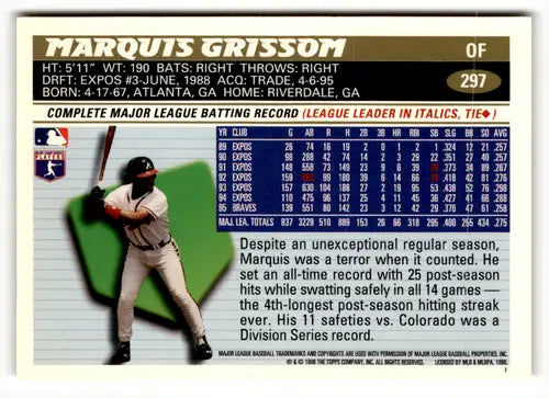 1996 Topps #297 Marquis Grissom NM - Baseball Card Single