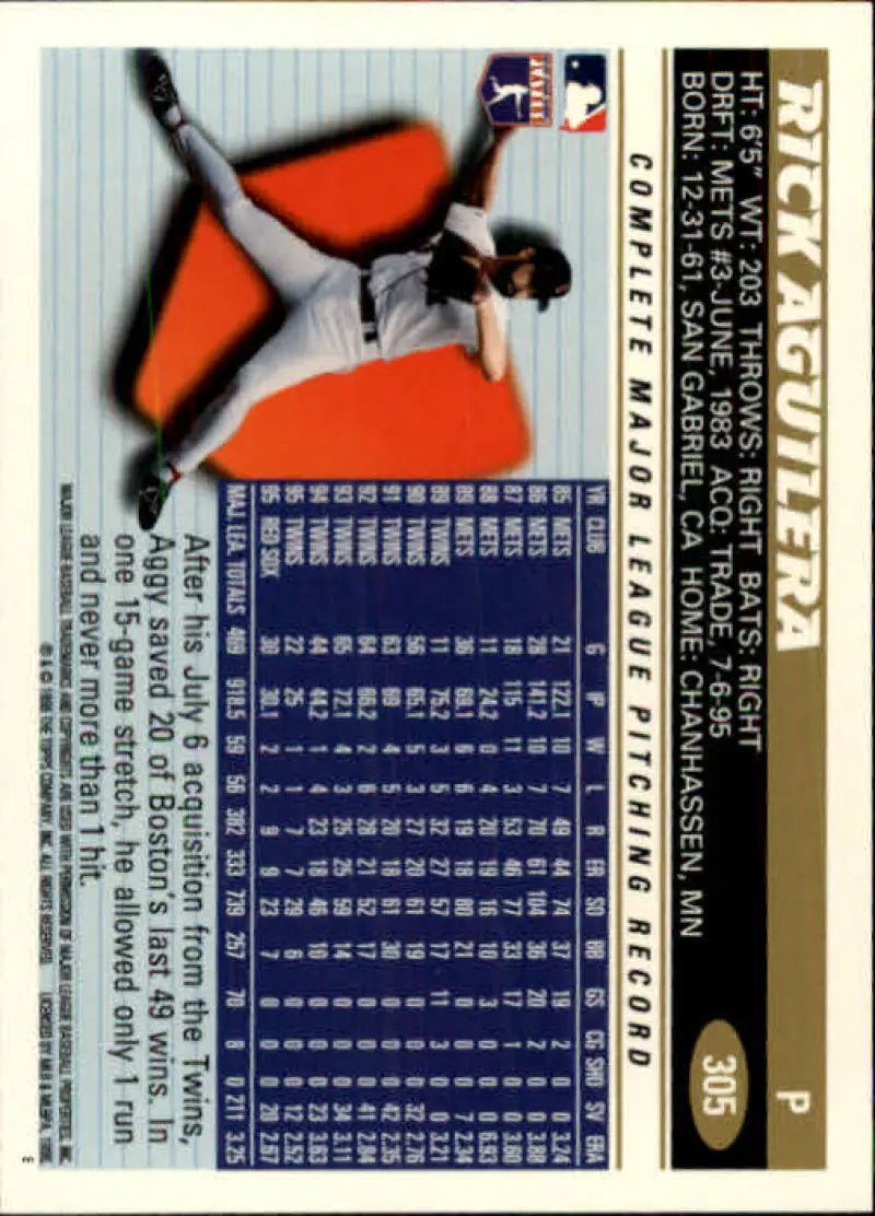 1996 Topps #305 Rick Aguilera NM-MT Boston Red Sox Baseball Card - Baseball Card Single