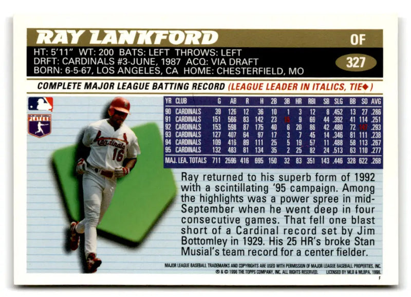 1996 Topps #327 Ray Lankford NM-MT St. Louis Cardinals Baseball Card - Baseball Card Single